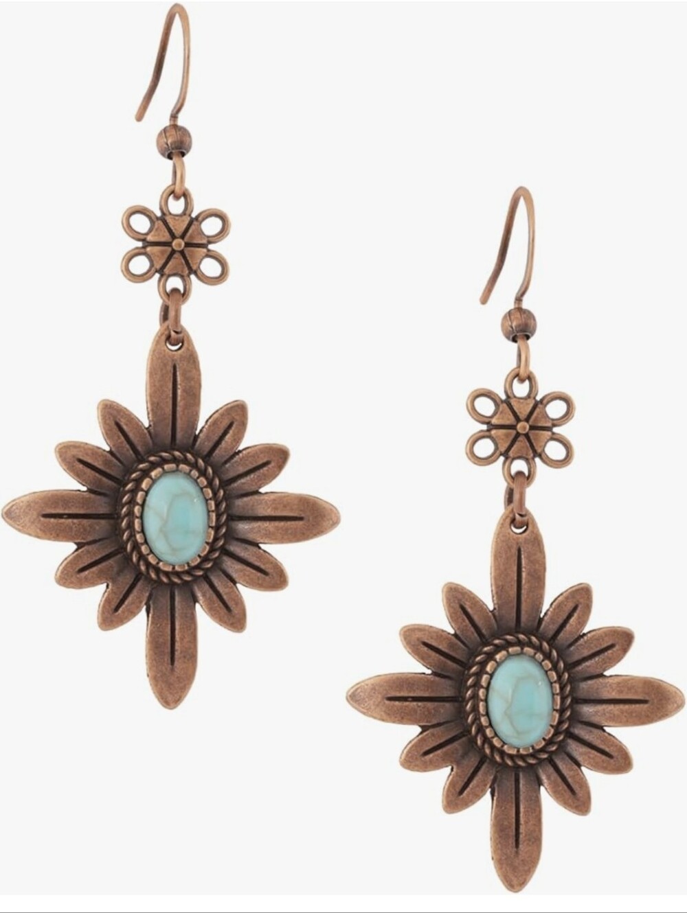 Antuque Copper And Turquoise Flower Earrings - Picture 2 of 7